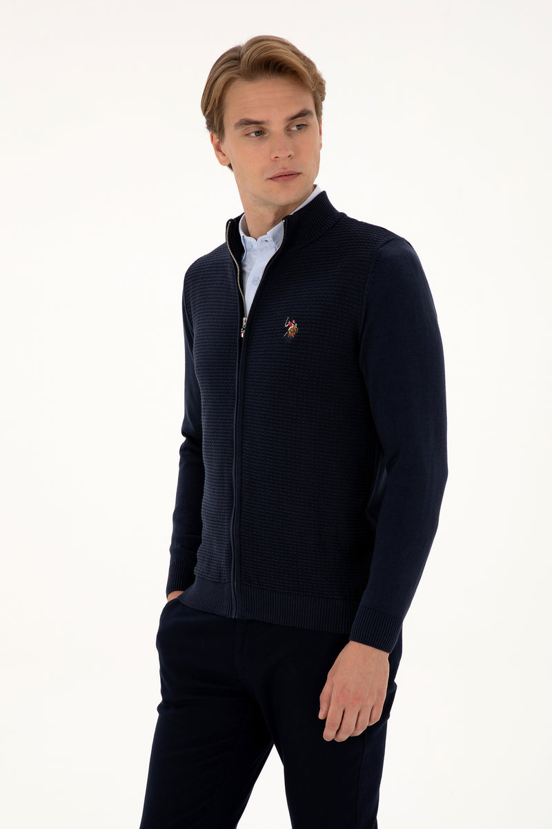 Pulover Tip Cardigan Barbat Pe BleumarinCu Fermoar Complet