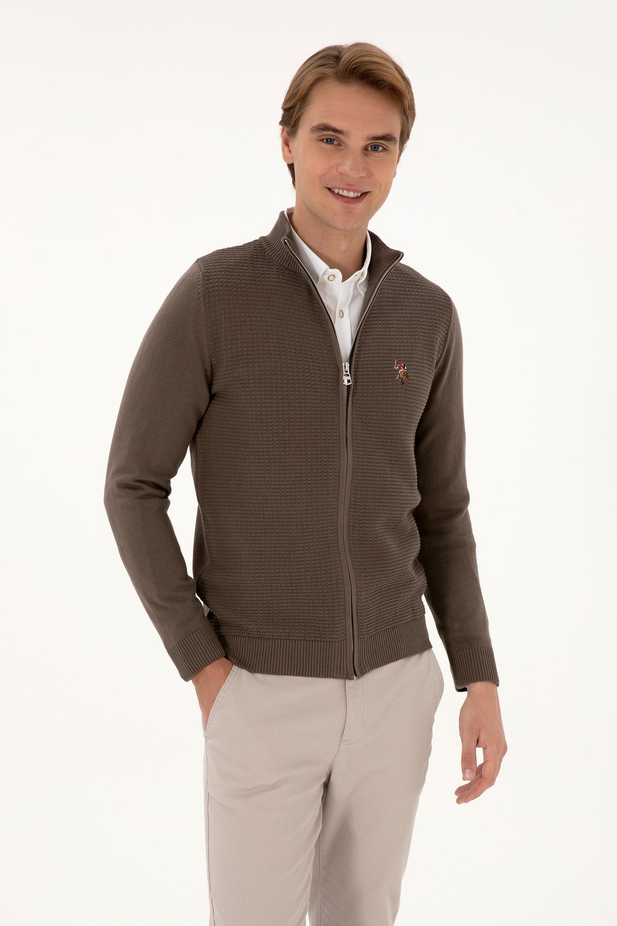 Pulover Tip Cardigan Barbat Pe Maro Cu Fermoar Complet