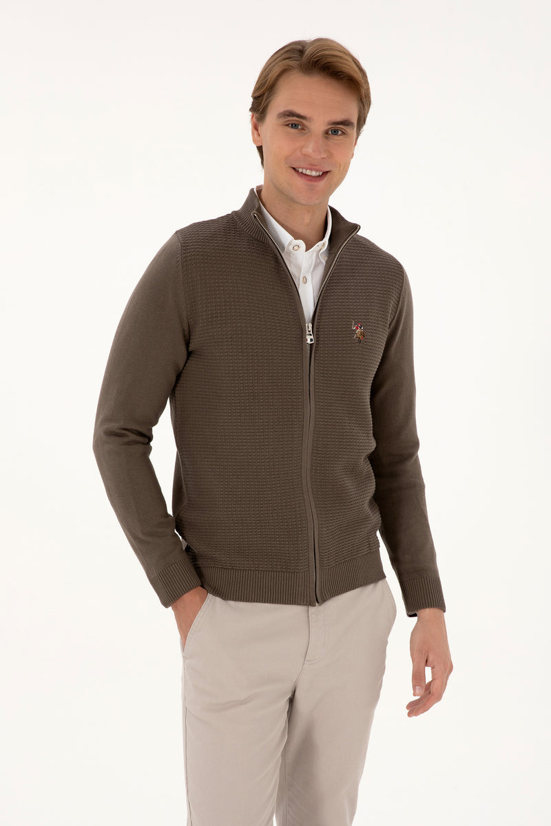 Pulover Tip Cardigan Barbat Pe Maro Cu Fermoar Complet