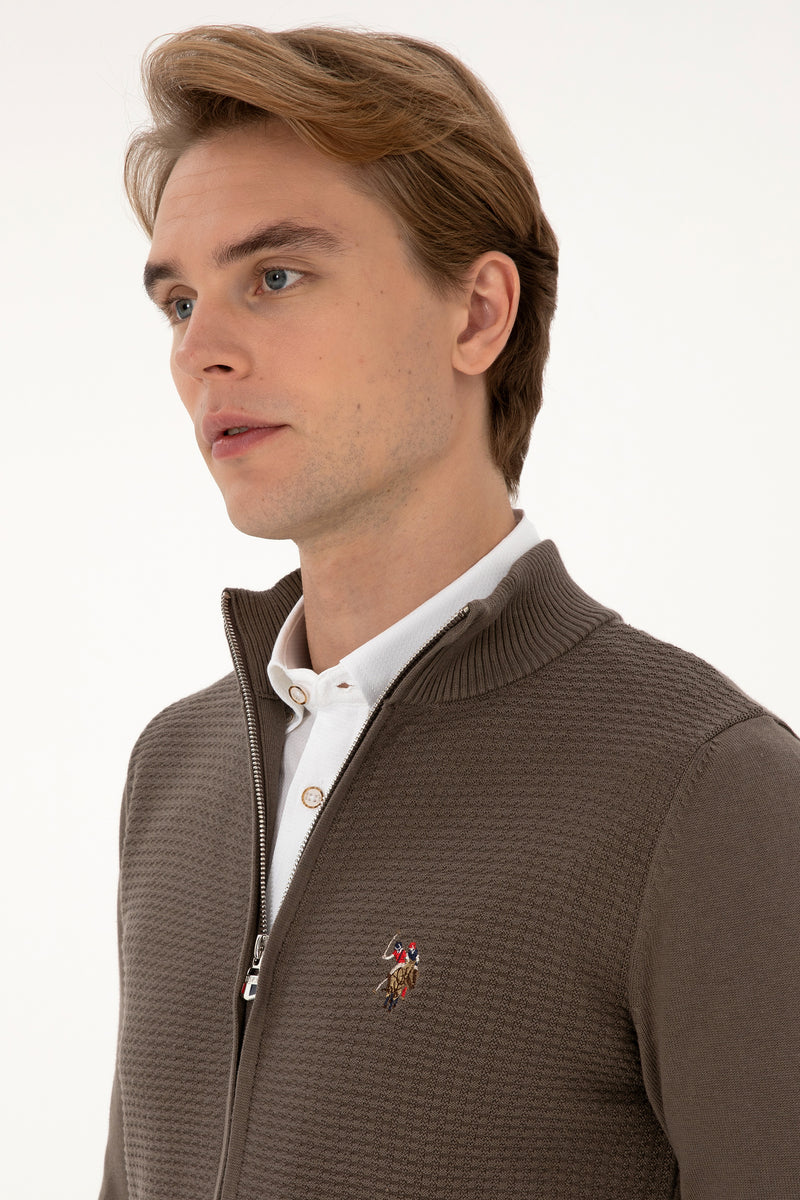 Pulover Tip Cardigan Barbat Pe Maro Cu Fermoar Complet