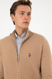 Pulover Tip Cardigan Barbat Pe Crem Cu Fermoar Complet