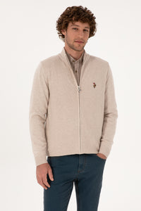 Pulover Tip Cardigan Barbat Pe Bej Cu Fermoar Complet