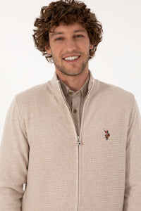 Pulover Tip Cardigan Barbat Pe Bej Cu Fermoar Complet