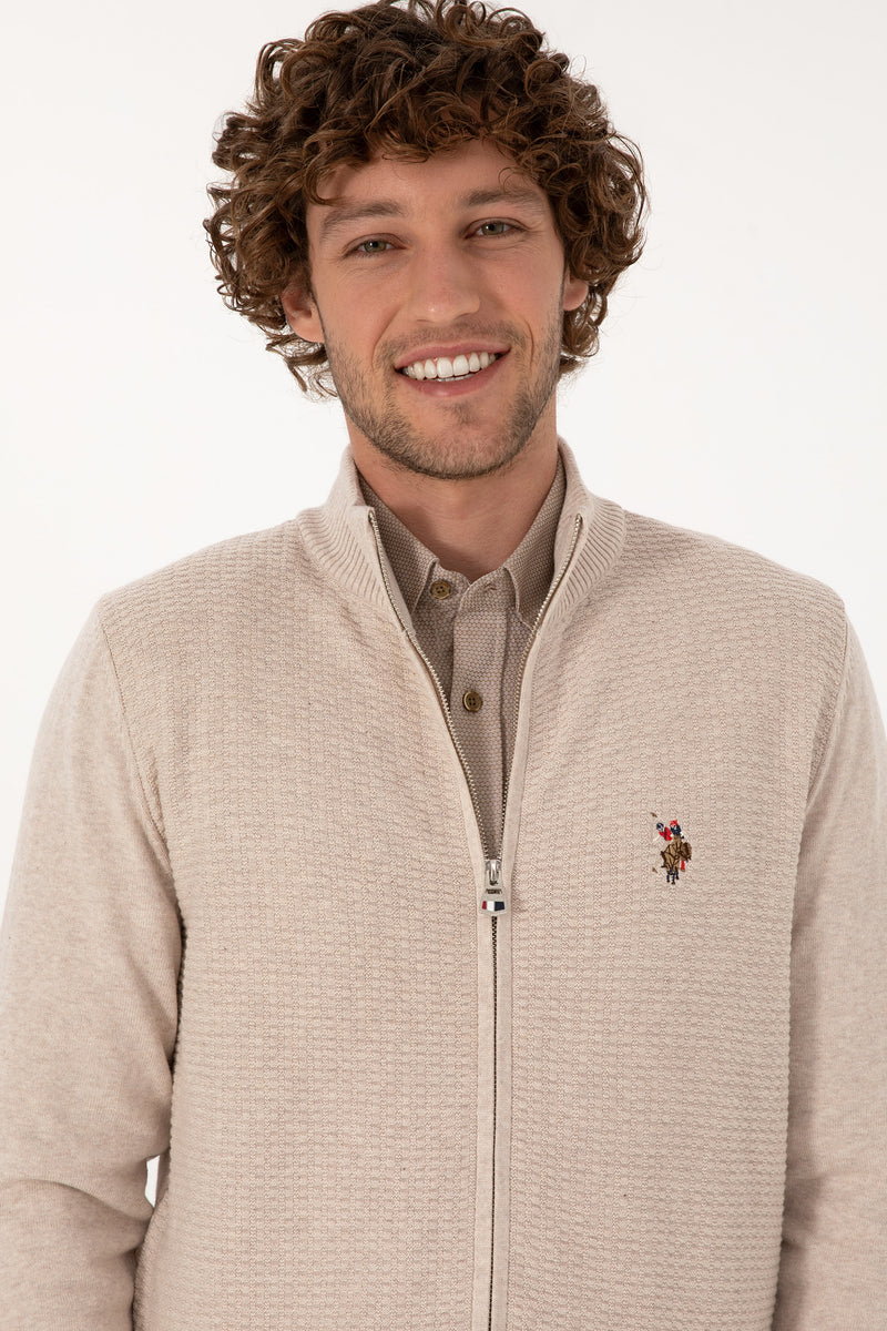 Pulover Tip Cardigan Barbat Pe Bej Cu Fermoar Complet