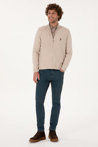 Pulover Tip Cardigan Barbat Pe Bej Cu Fermoar Complet