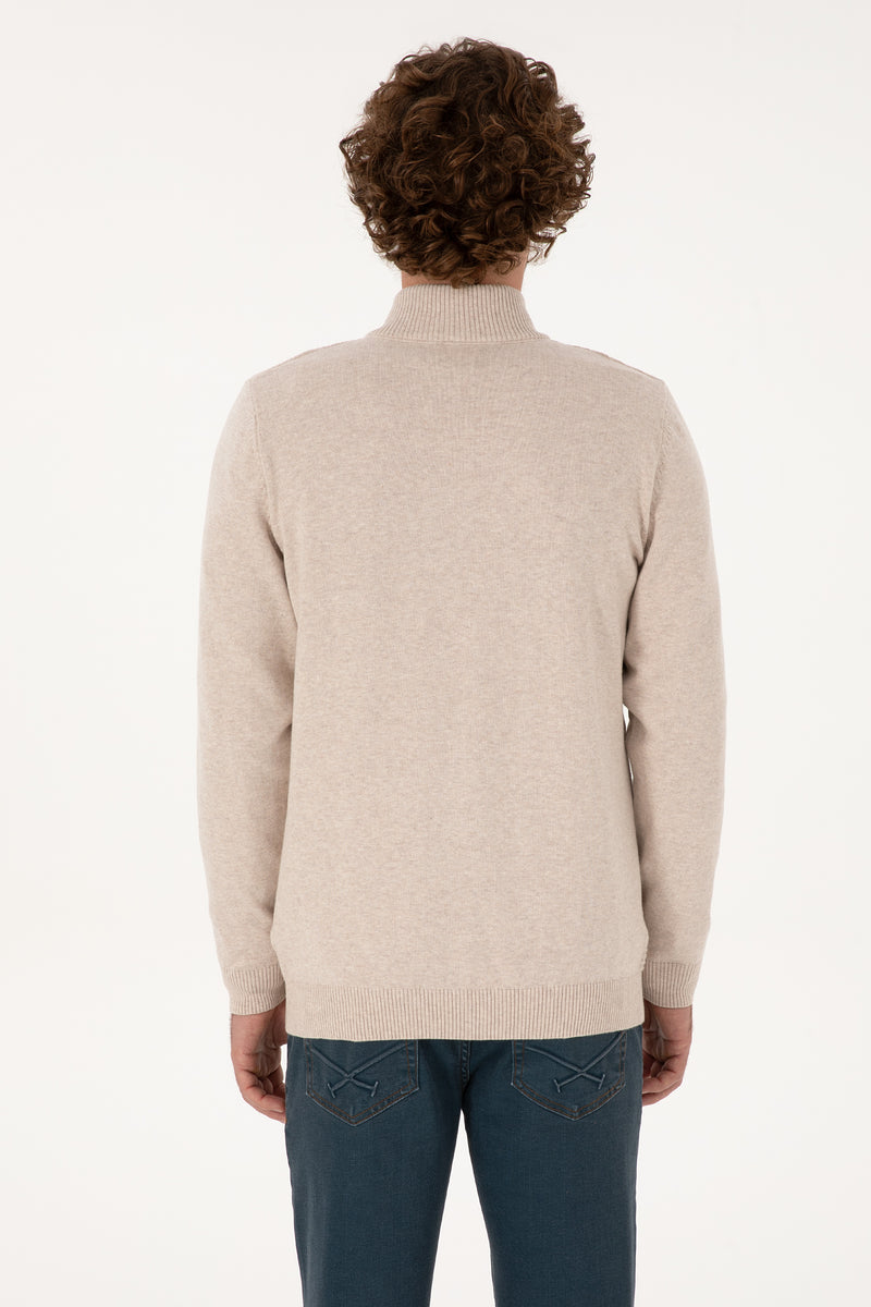 Pulover Tip Cardigan Barbat Pe Bej Cu Fermoar Complet