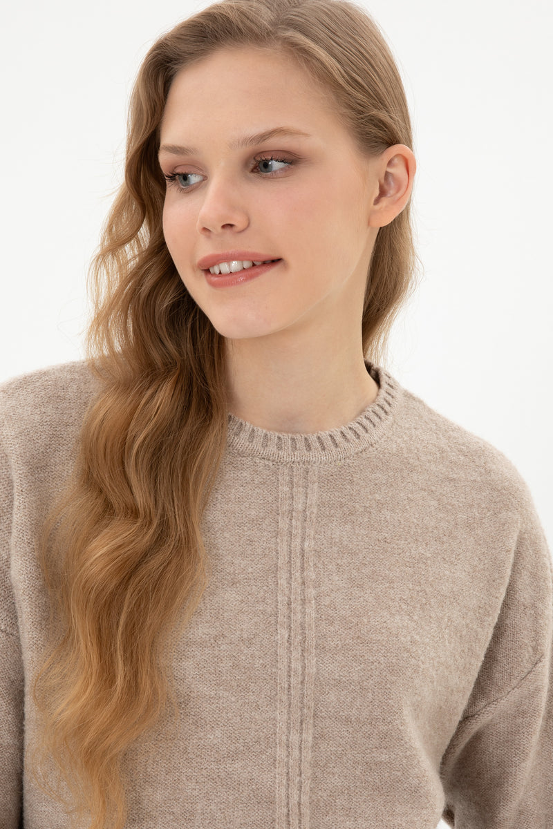 Pulover Dama Pe Bej Cu Mansete Duble