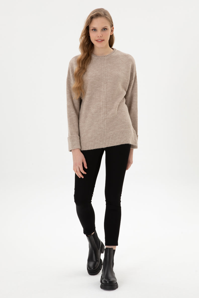 Pulover Dama Pe Bej Cu Mansete Duble