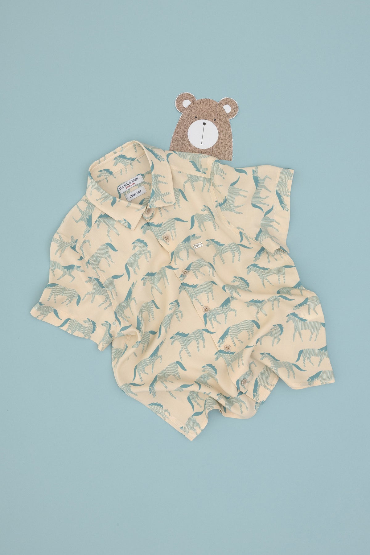 Cămașă Cu Mânecă Scurtă Băieți Bej Cu Model Animal Print