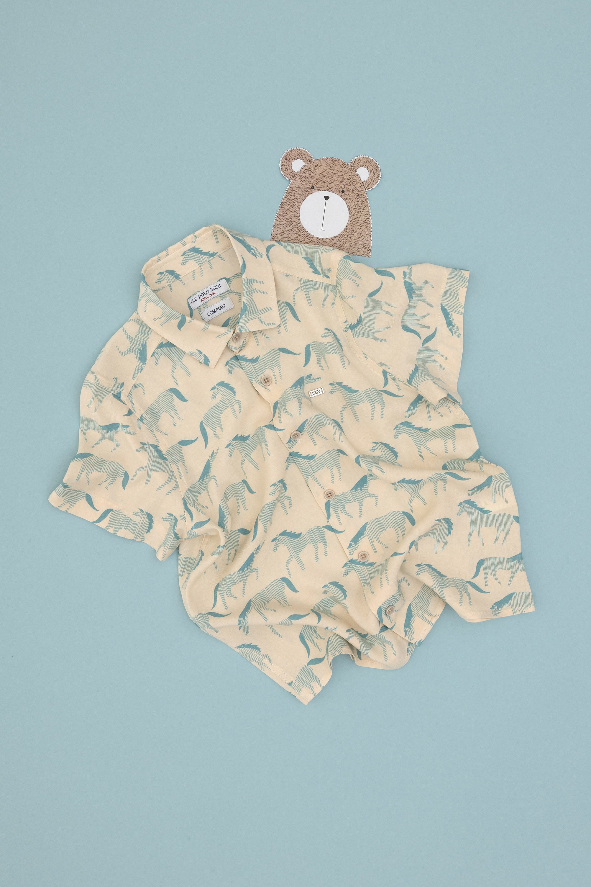 Cămașă Cu Mânecă Scurtă Băieți Bej Cu Model Animal Print