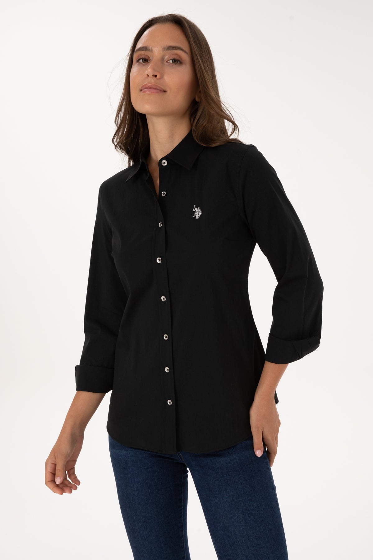 Camasa Dama Pe Negru Cu Nasturii Si Logo Pe Argintiu