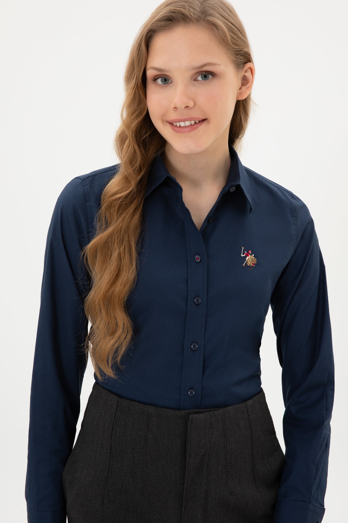 Camasa Dama Pe Bleumarin Cu Logo Color Brodat