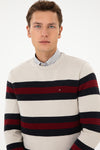 Pulover Barbat Pe Bej Cu Dungi Orizontale In Contrast