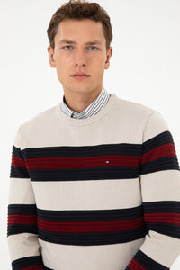 Pulover Barbat Pe Bej Cu Dungi Orizontale In Contrast