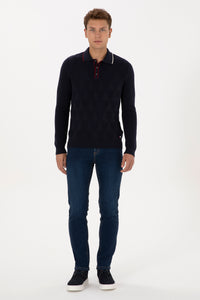 Pulover Tip Polo Barbat Pe Bleumarin Cu Model