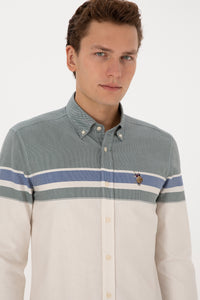 Camasa Barbat Pe Bej Cu Logo Si Textura 