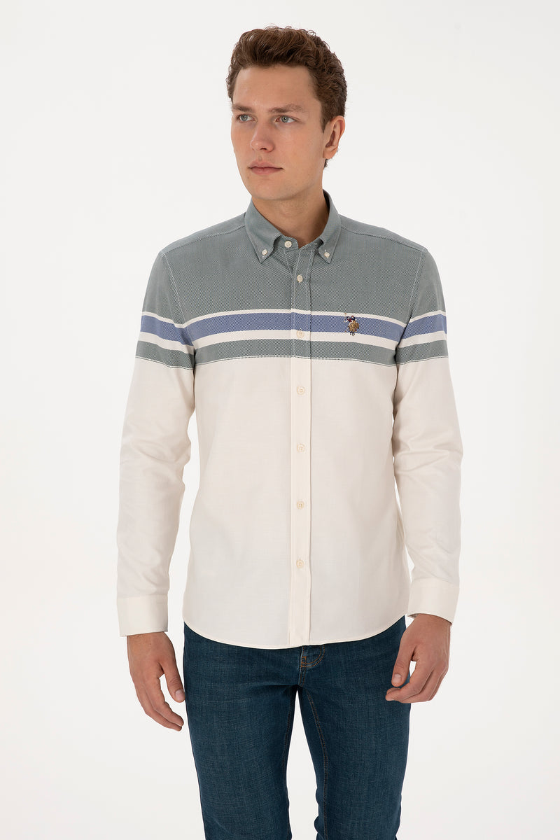 Camasa Barbat Pe Bej Cu Logo Si Textura 