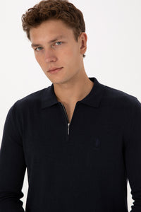 Pulover Tip Polo Barbat Pe Bleumarin Guler Inchis Cu Fermoar