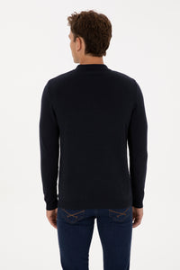 Pulover Tip Polo Barbat Pe Bleumarin Guler Inchis Cu Fermoar