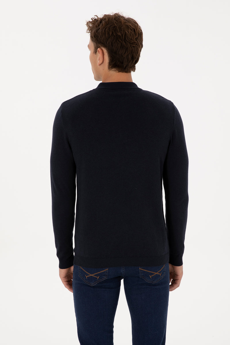 Pulover Tip Polo Barbat Pe Bleumarin Guler Inchis Cu Fermoar