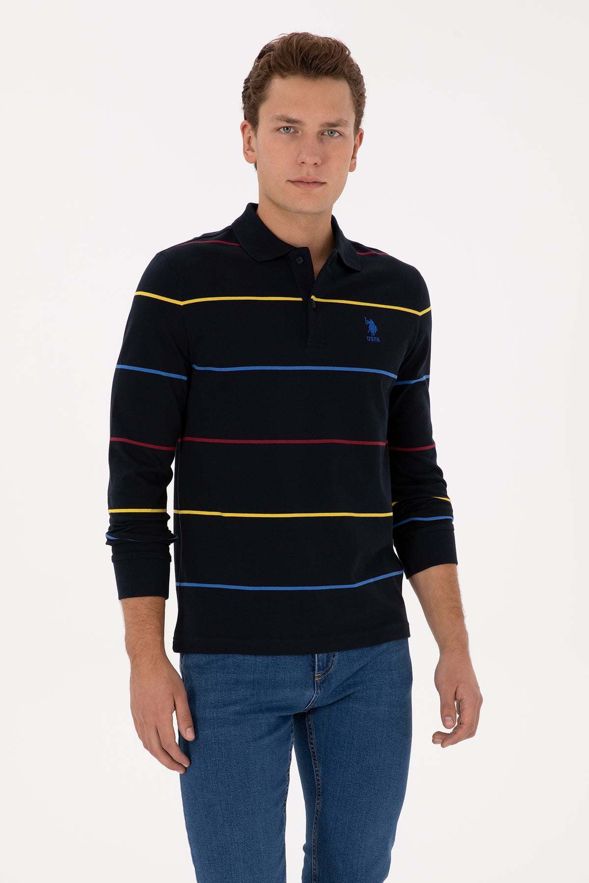 Bluza Polo Barbat Pe Bleumarin Cu Dungi Orizontale Multicolore