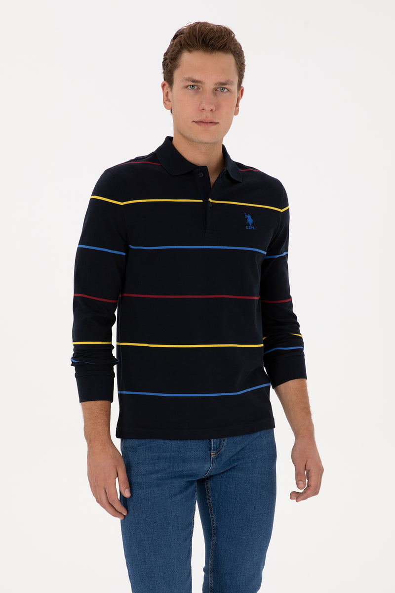 Bluza Polo Barbat Pe Bleumarin Cu Dungi Orizontale Multicolore