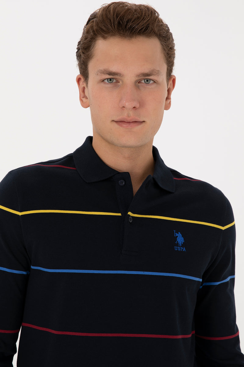 Bluza Polo Barbat Pe Bleumarin Cu Dungi Orizontale Multicolore