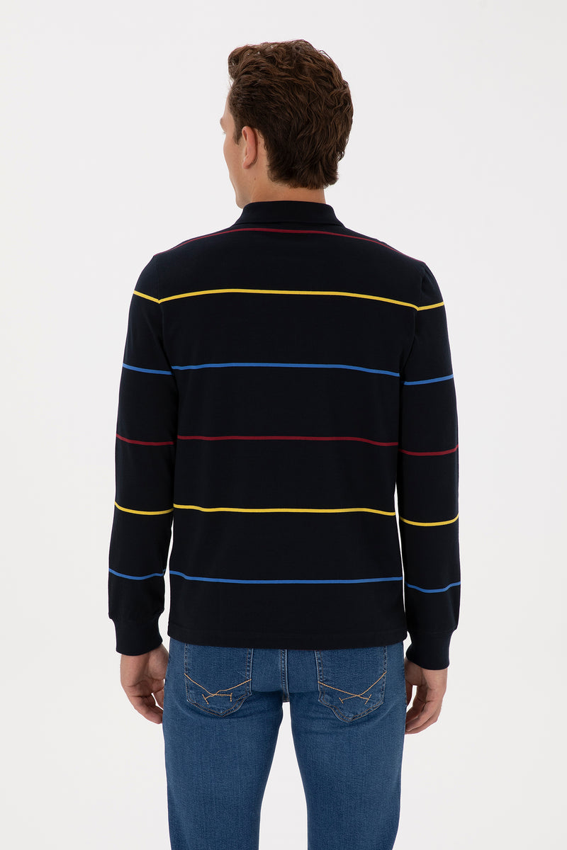 Bluza Polo Barbat Pe Bleumarin Cu Dungi Orizontale Multicolore