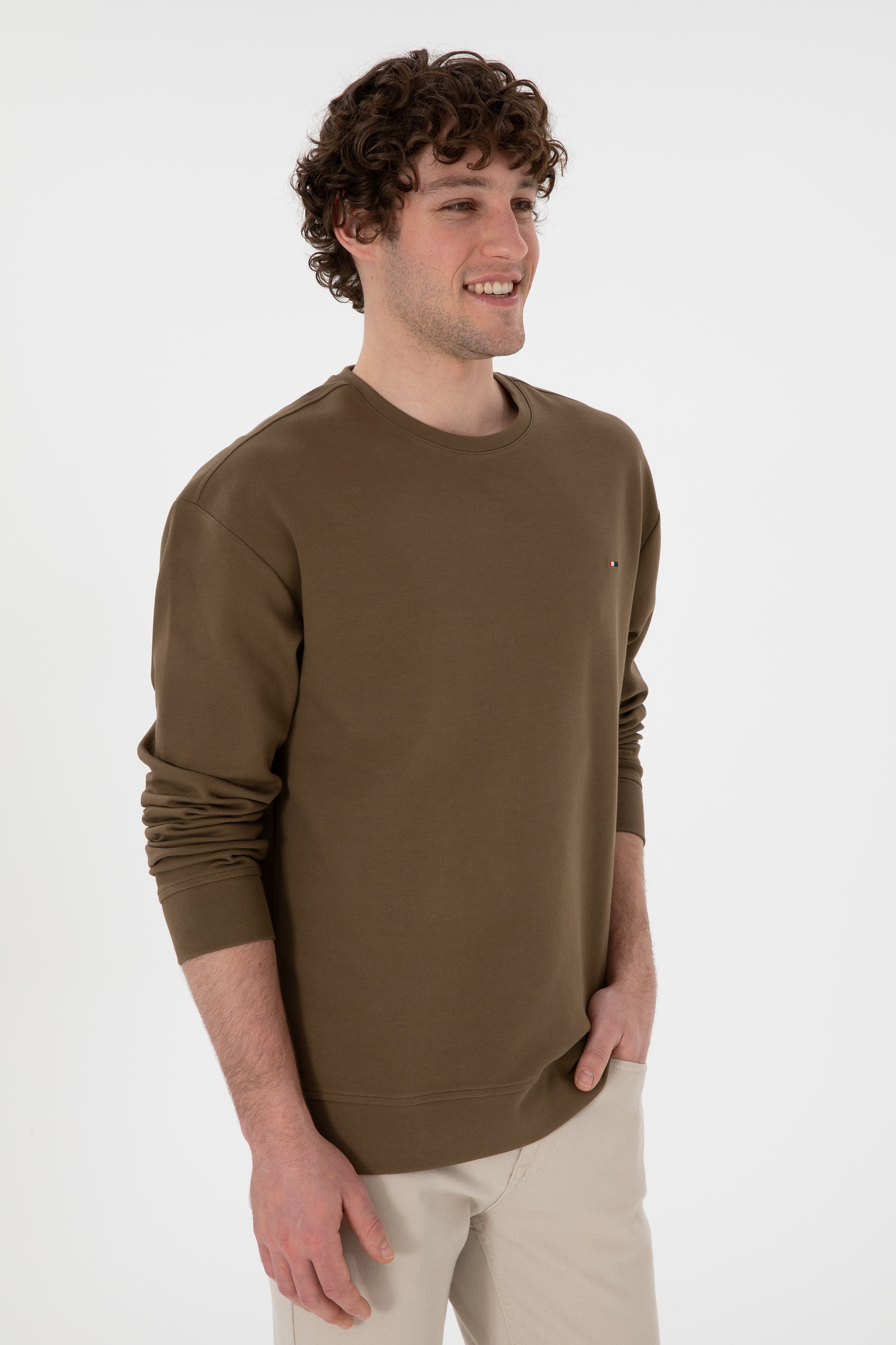 Bluză Bărbați Pe Maro Deschis Cu Guler Rotund 