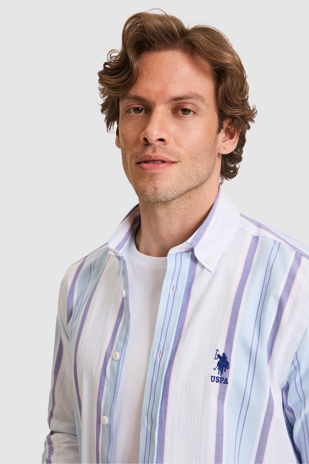 Cămașă Bărbați Alb Cu Model Cu Dungi Multicolore
