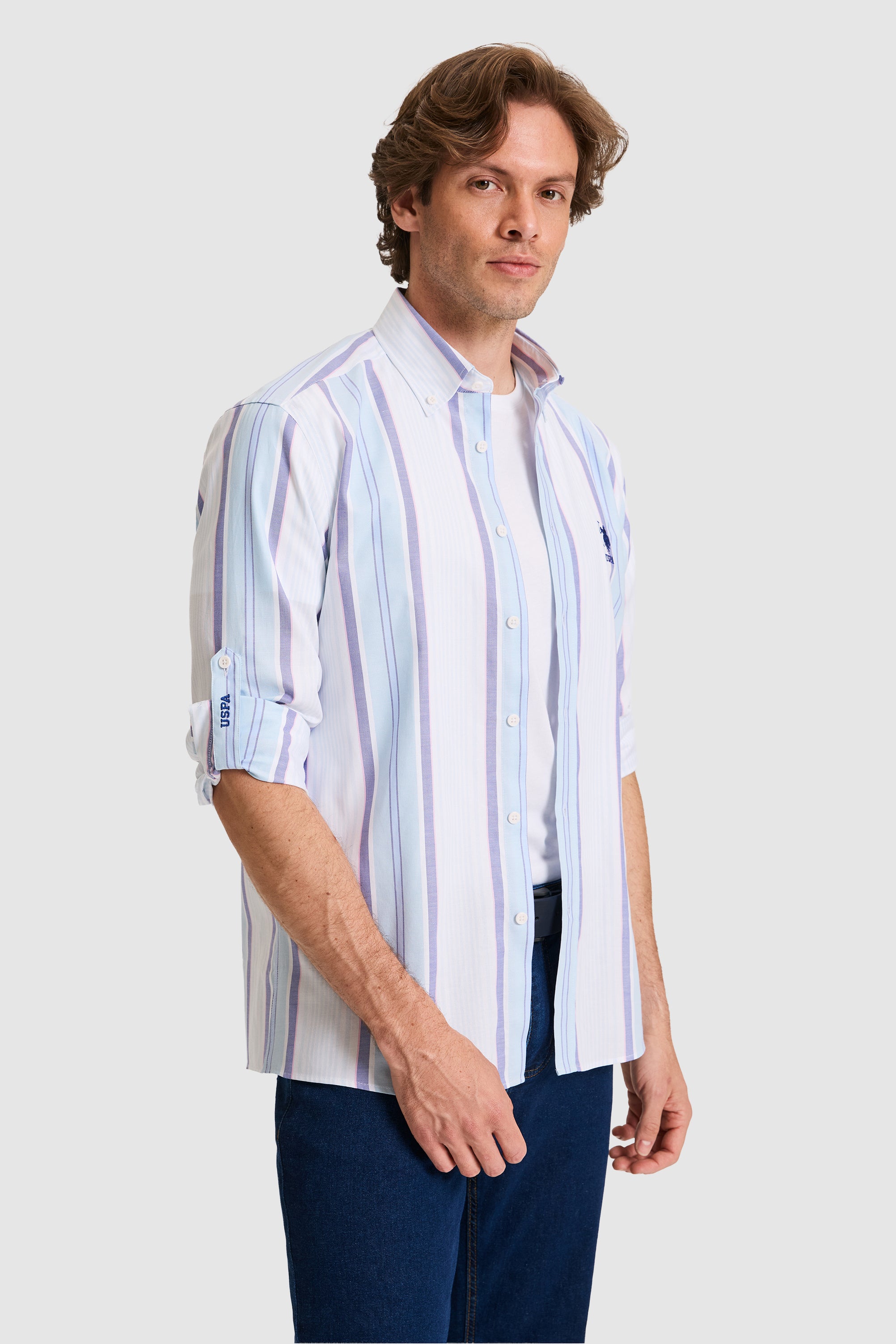 Cămașă Bărbați Alb Cu Model Cu Dungi Multicolore