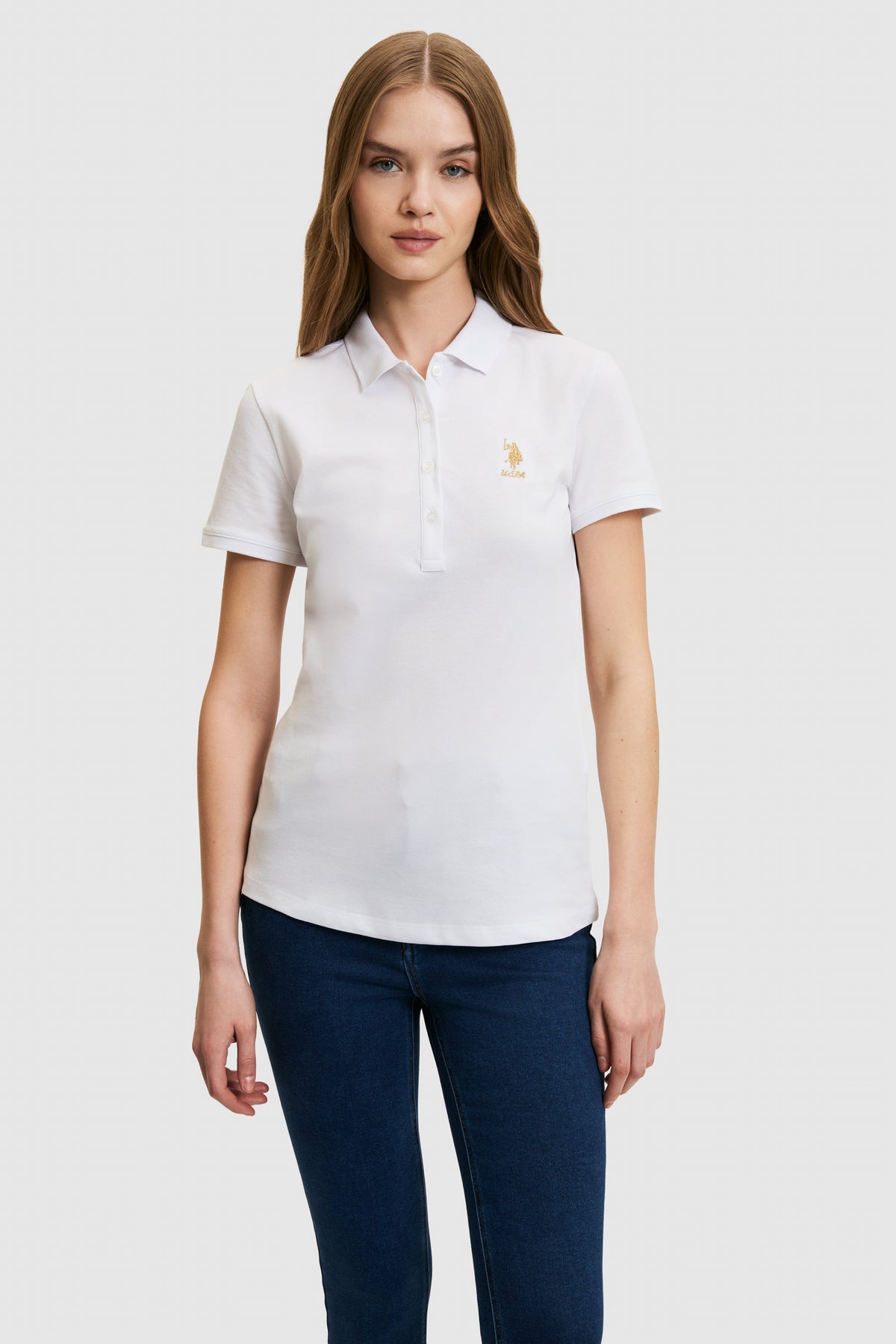 Tricou Polo Dama Alb Cu Logo Auriu
