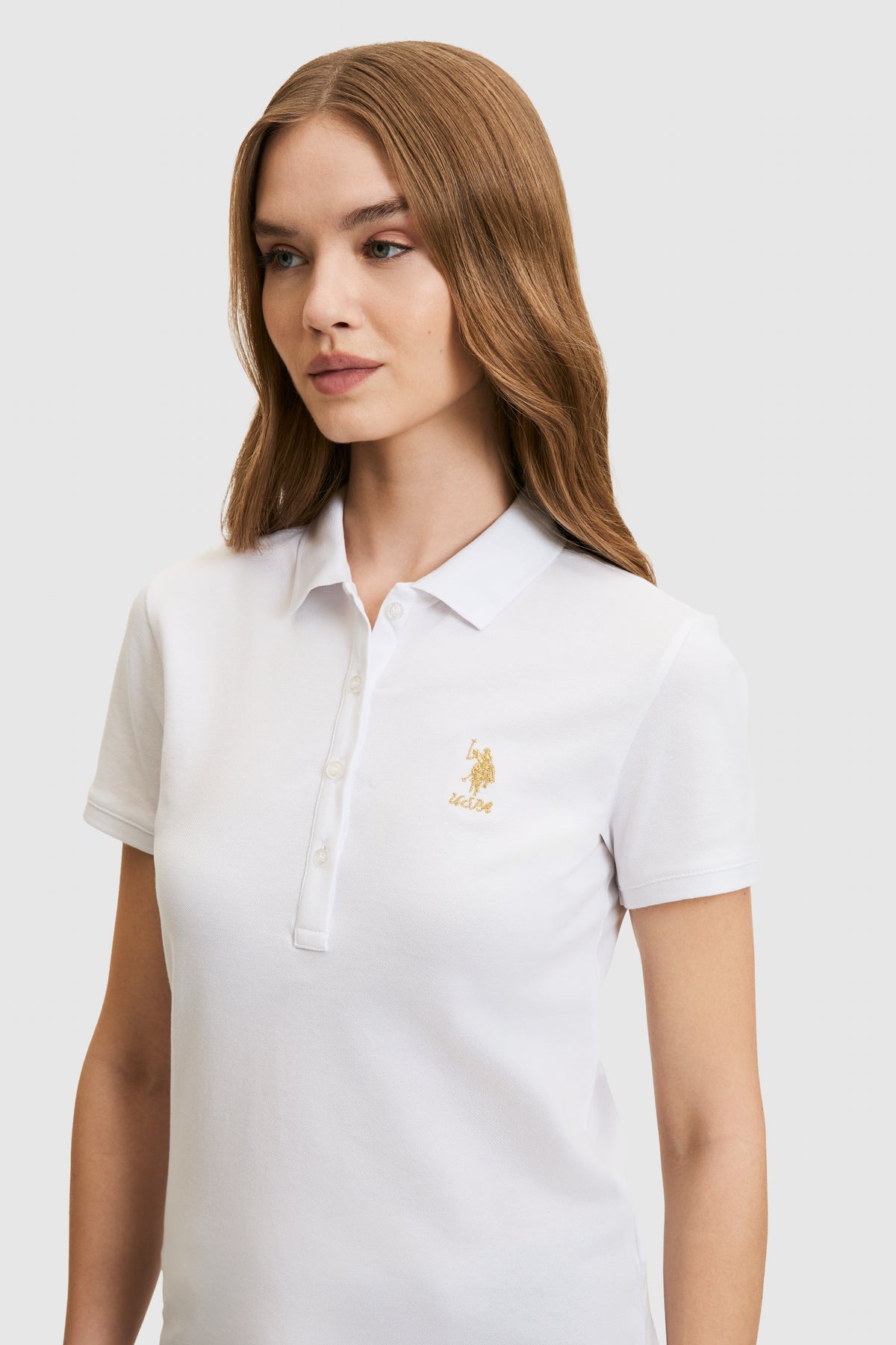 Tricou Polo Dama Alb Cu Logo Auriu