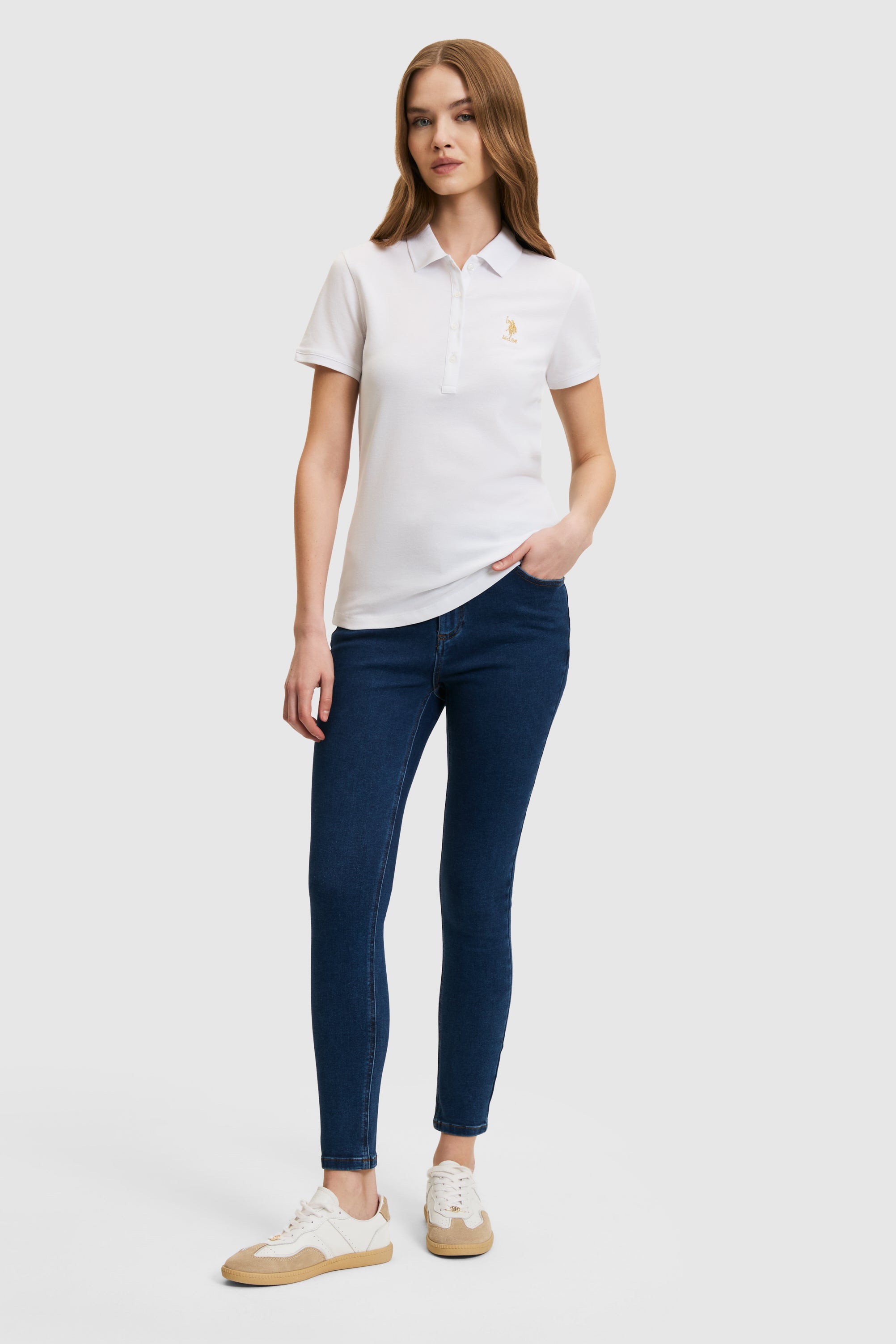 Tricou Polo Dama Alb Cu Logo Auriu