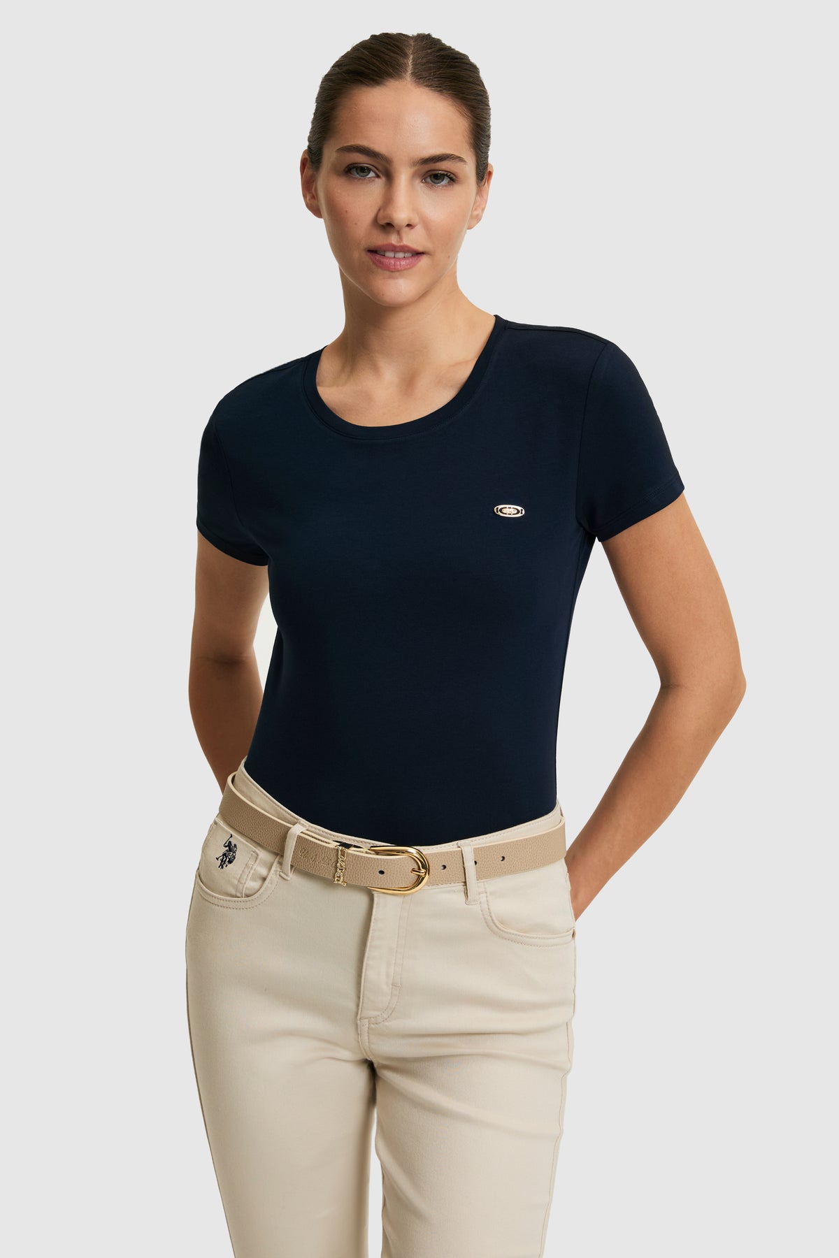 Tricou Damă Bleumarin Cu Decolteu Rotund Și Logo Atașat