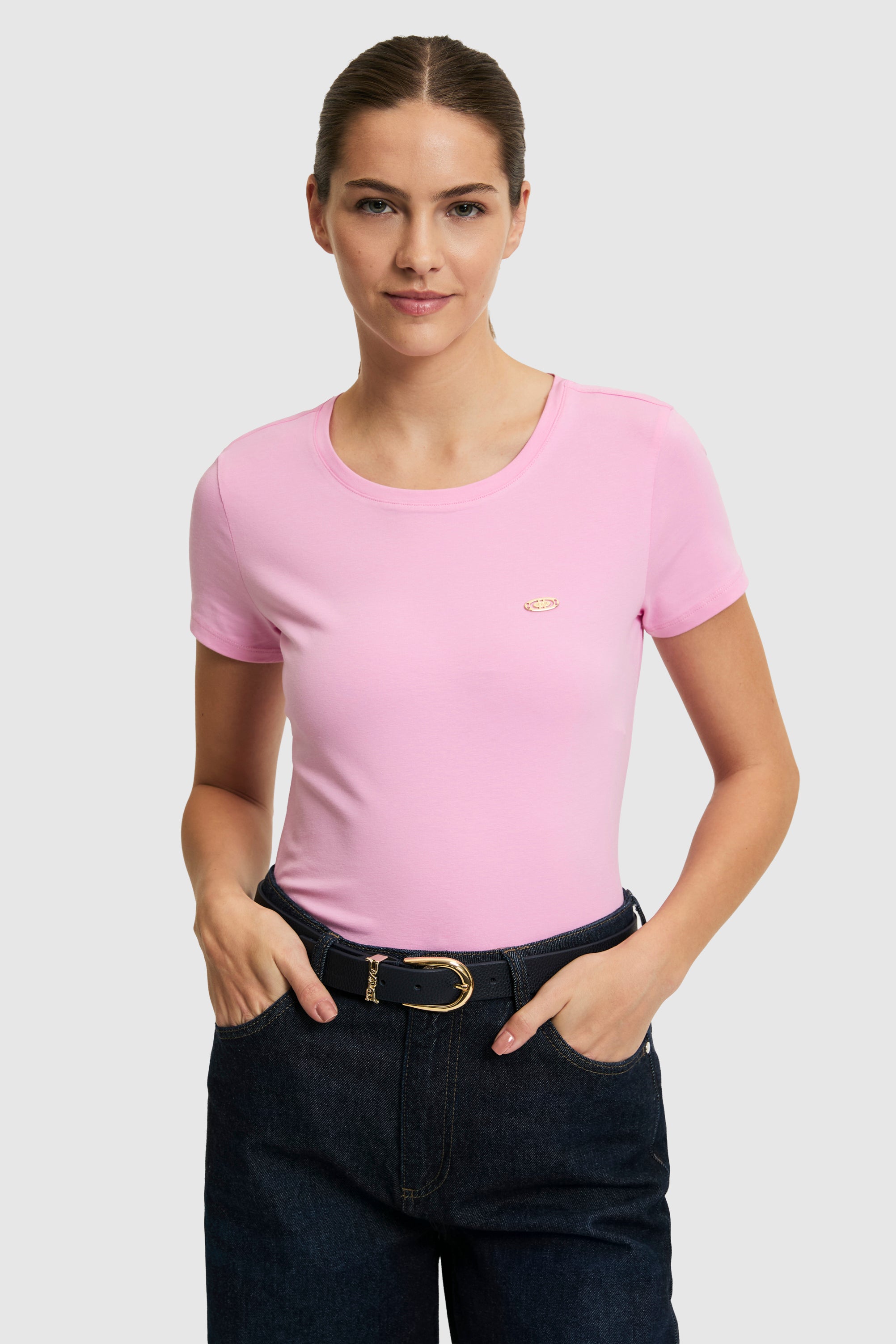 Tricou Damă Roz Cu Decolteu Rotund Și Logo Atașat