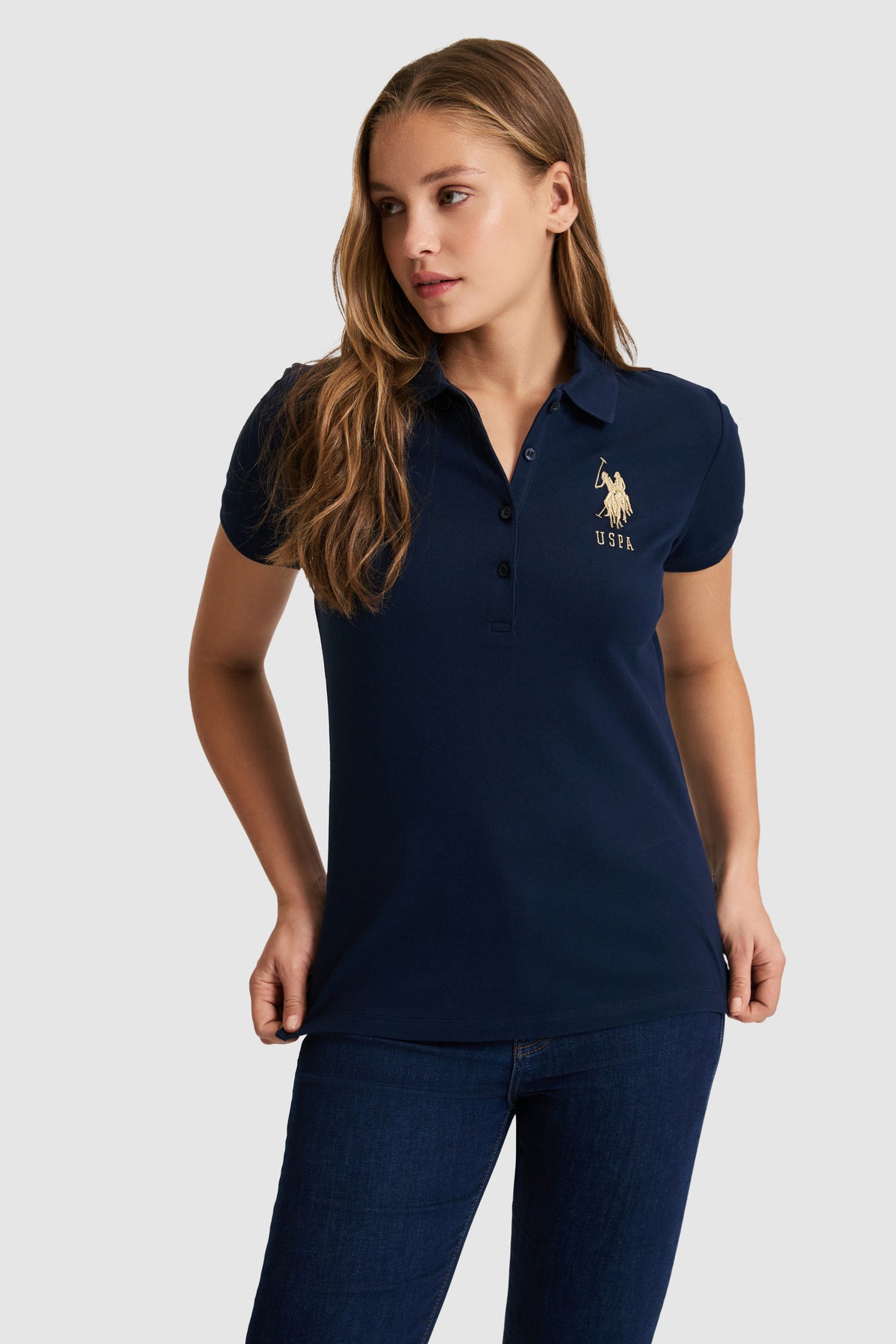 Tricou Polo Damă Bleumarin Cu Logo Auriu
