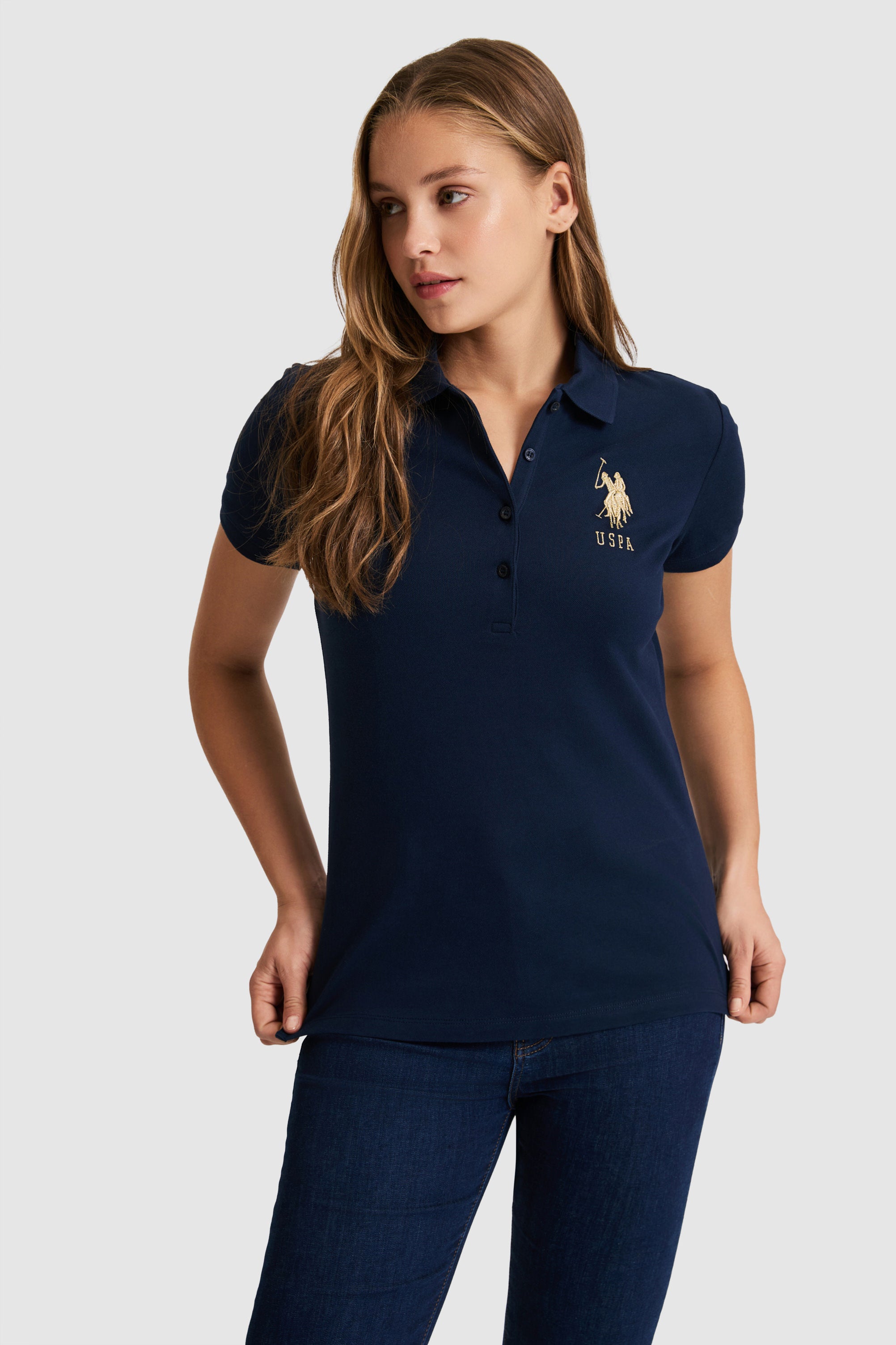 Tricou Polo Damă Bleumarin Cu Logo Auriu