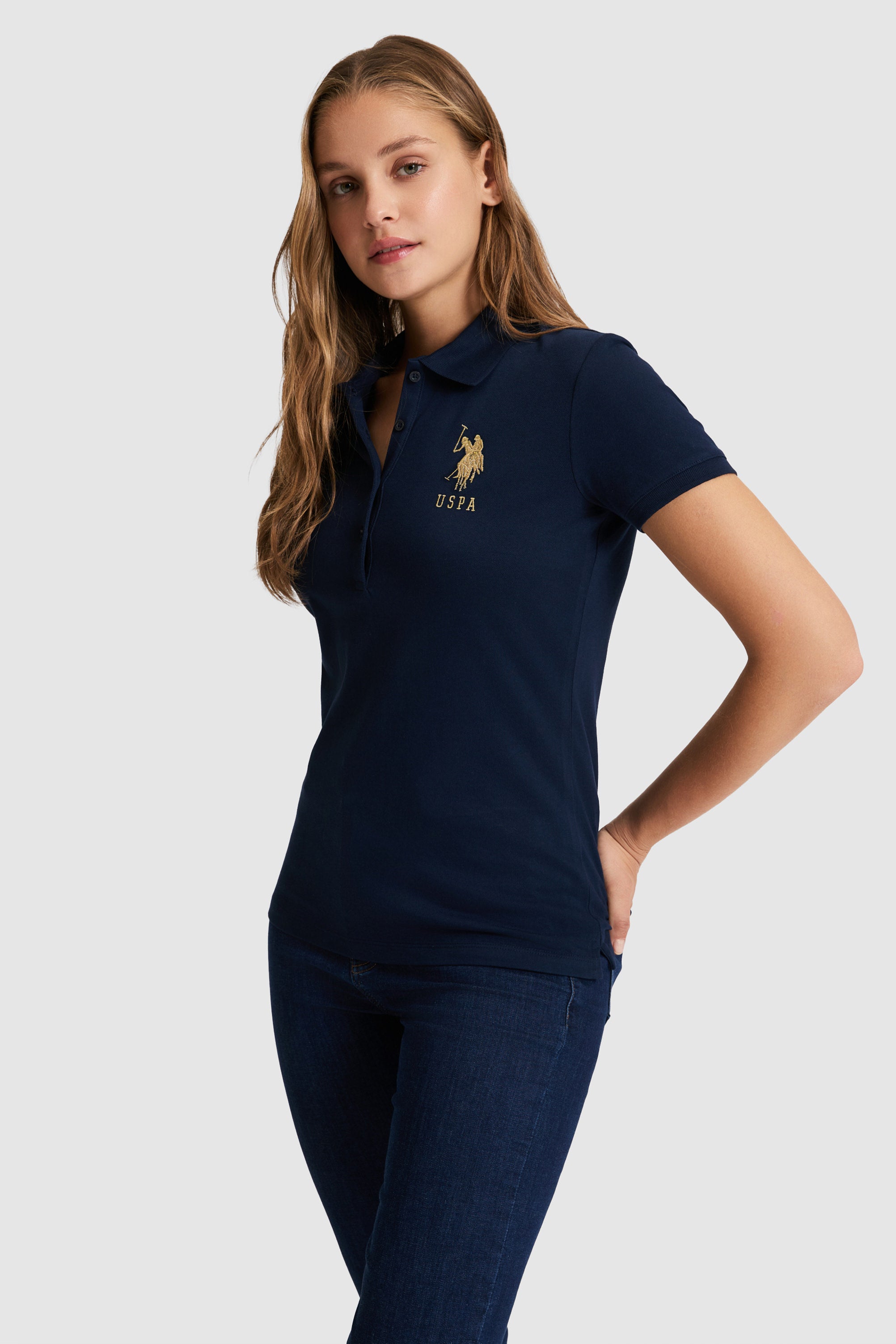 Tricou Polo Damă Bleumarin Cu Logo Auriu