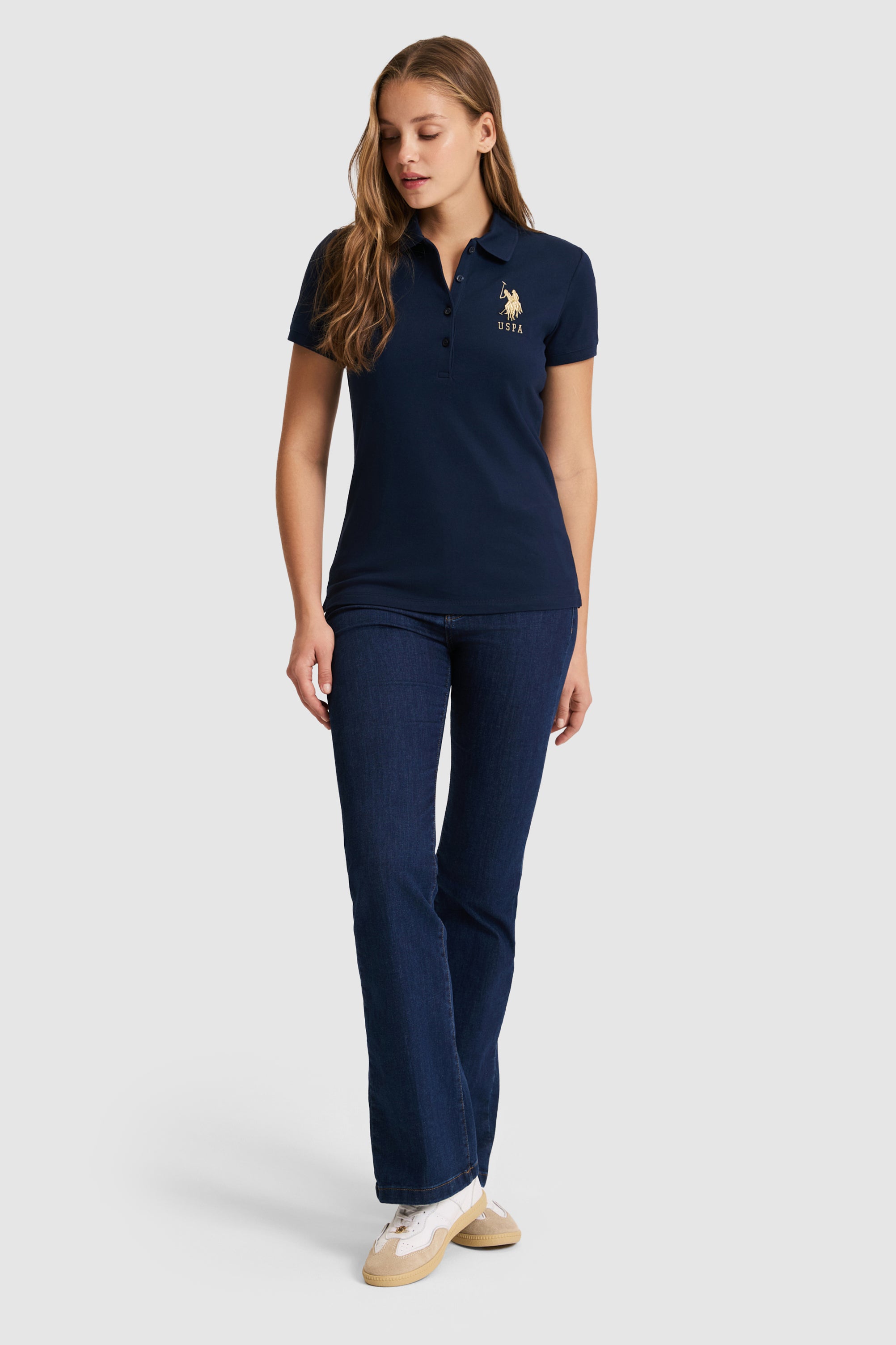Tricou Polo Damă Bleumarin Cu Logo Auriu
