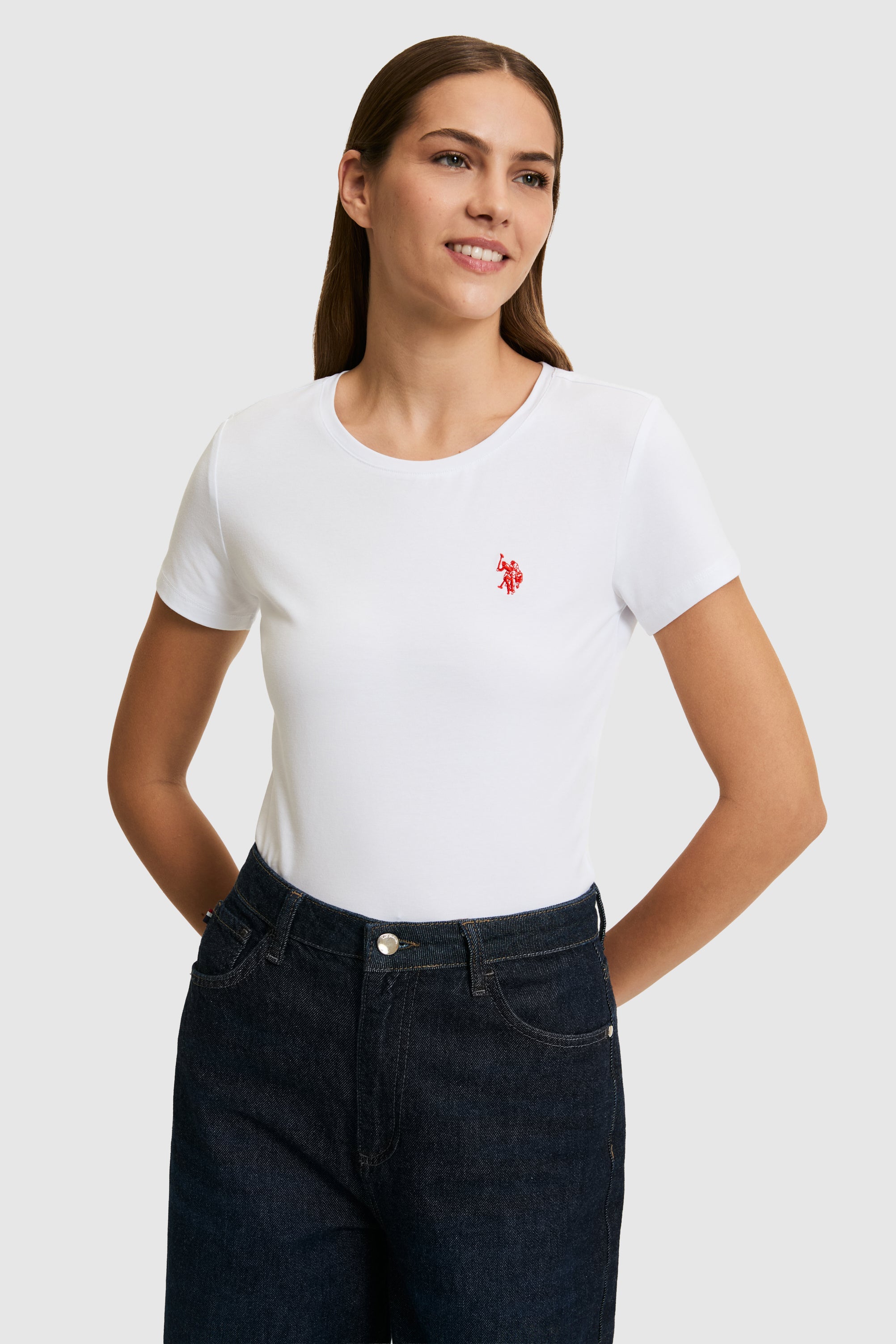 Tricou Damă Cu Decolteu La Baza Gatului Alb Cu Logo