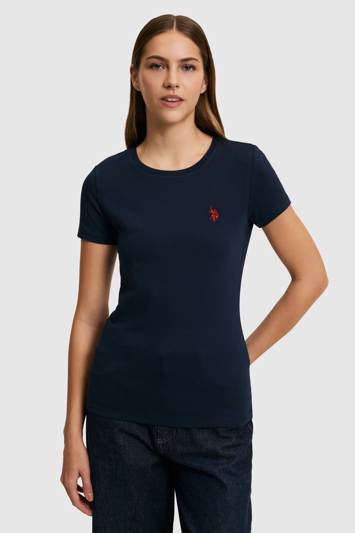 Tricou Damă Cu Decolteu La Baza Gatului Bleumarin Cu Logo