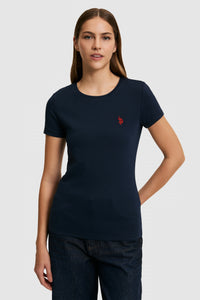 Tricou Damă Cu Decolteu La Baza Gatului Bleumarin Cu Logo