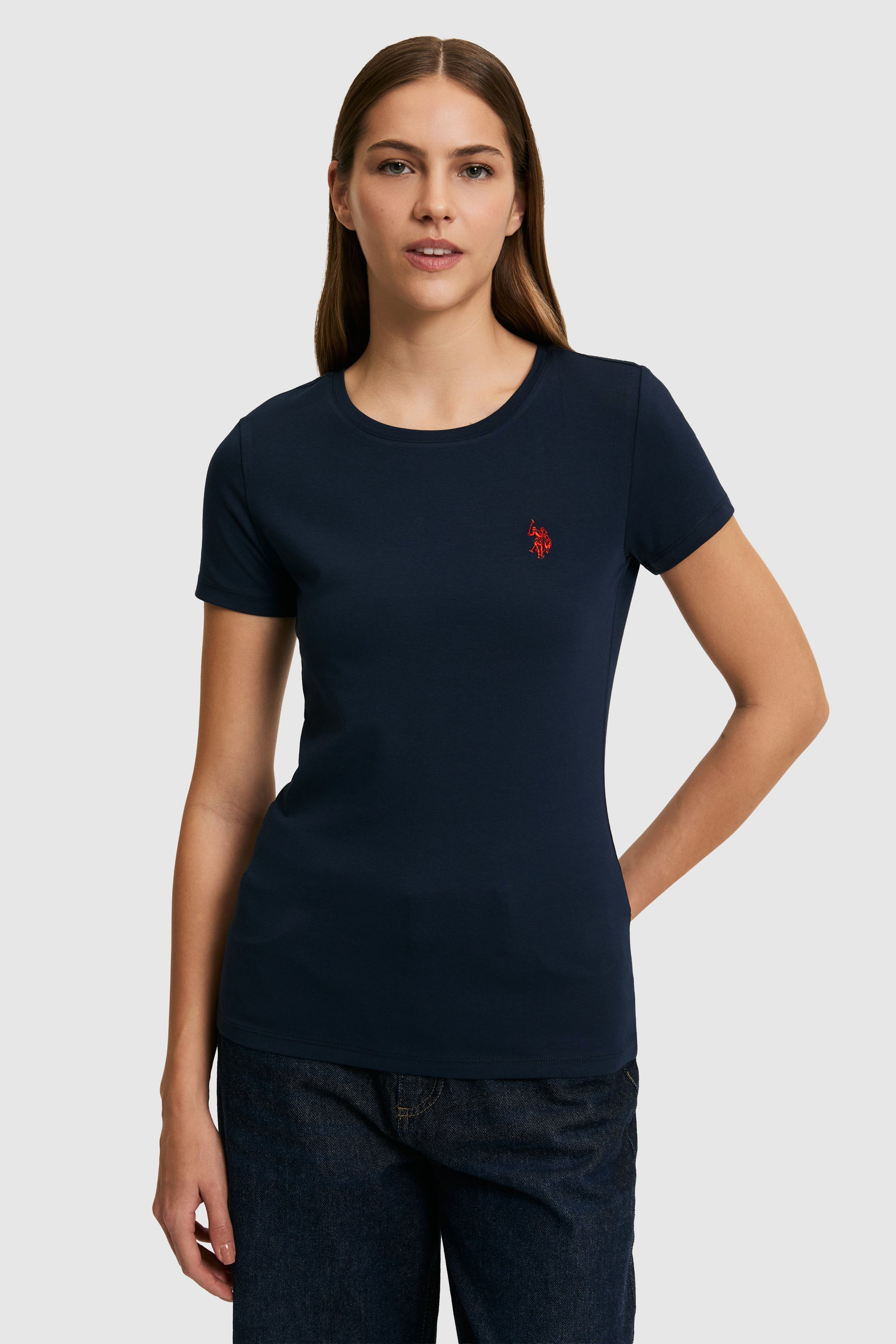Tricou Damă Cu Decolteu La Baza Gatului Bleumarin Cu Logo