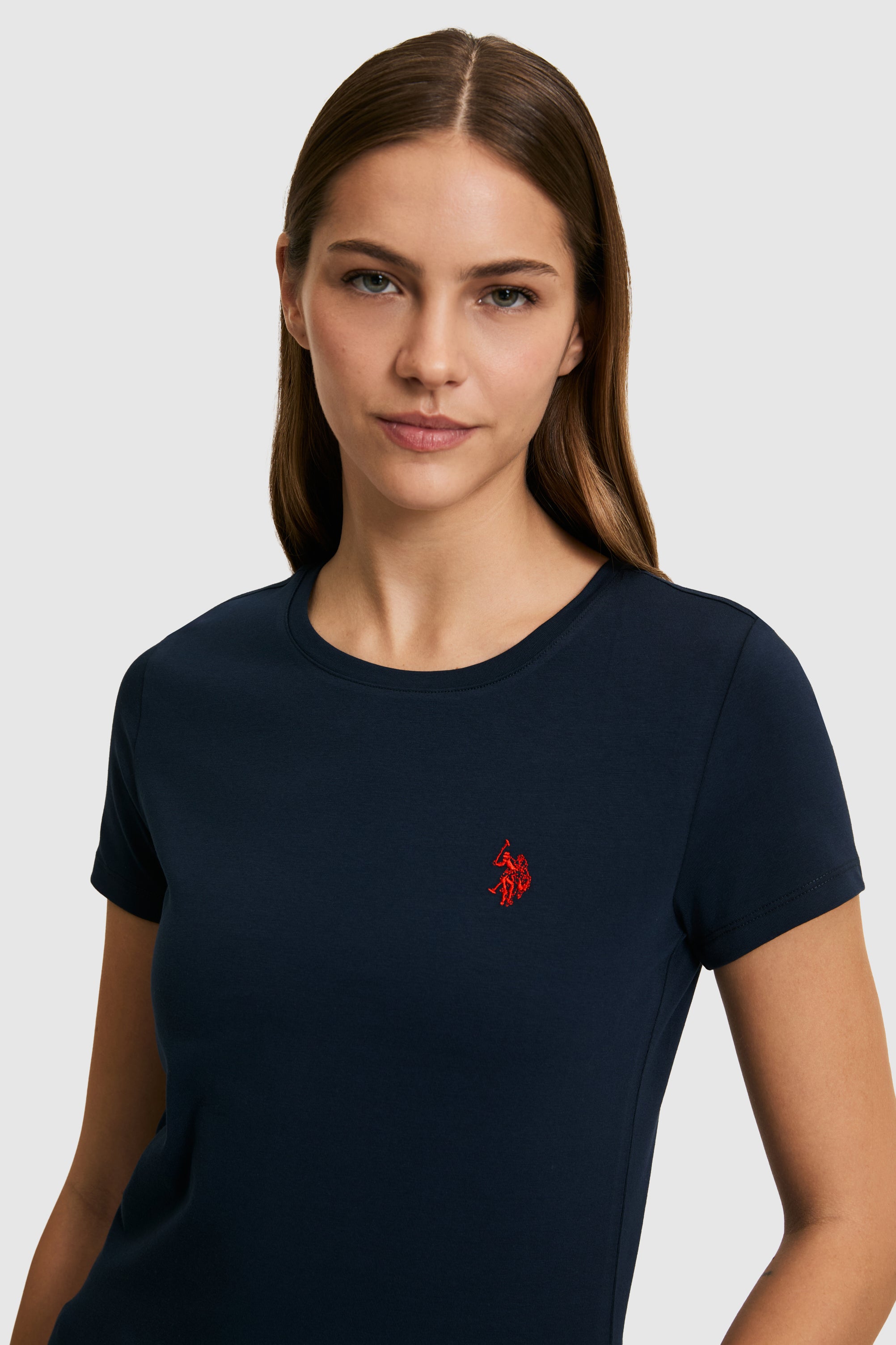 Tricou Damă Cu Decolteu La Baza Gatului Bleumarin Cu Logo