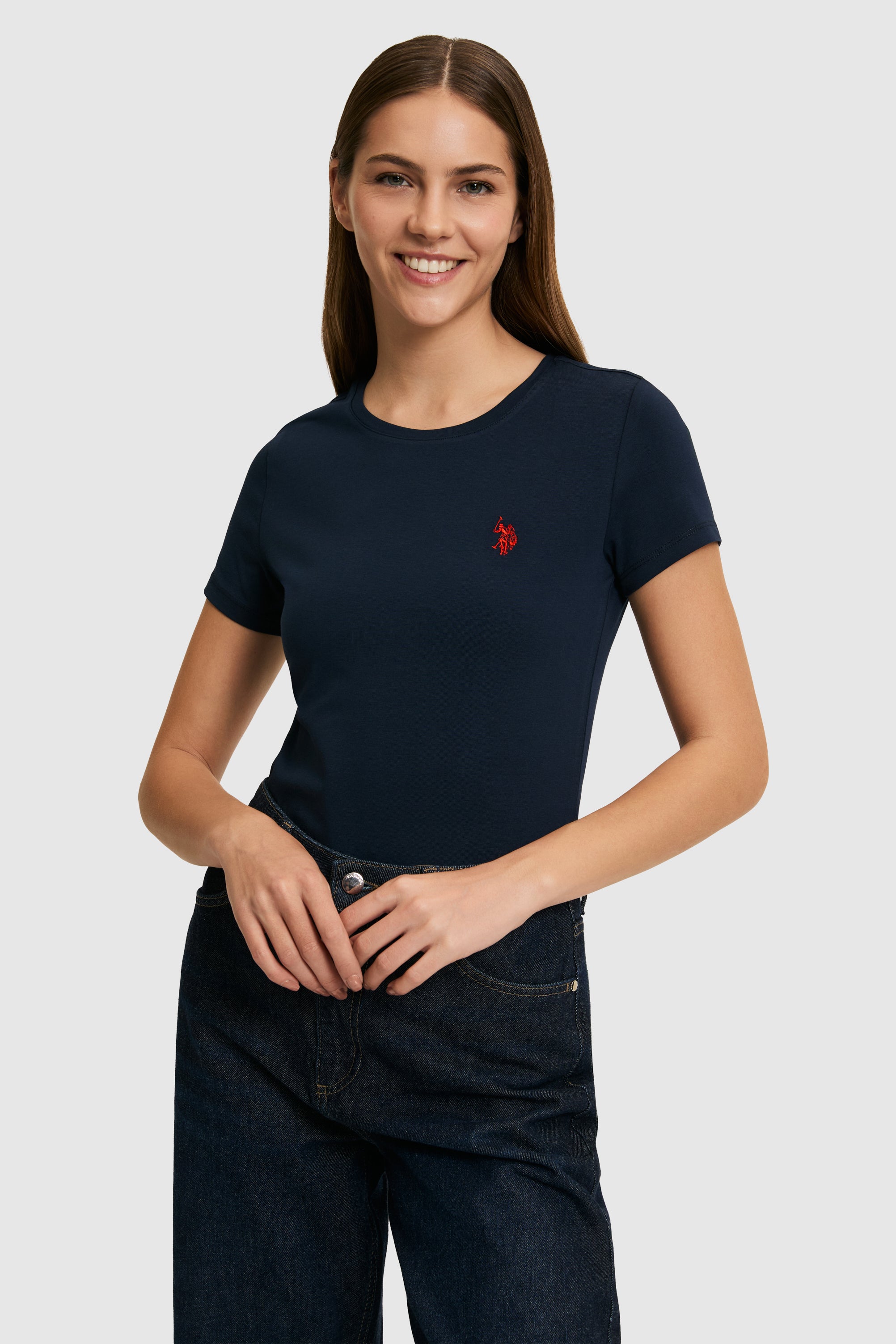 Tricou Damă Cu Decolteu La Baza Gatului Bleumarin Cu Logo