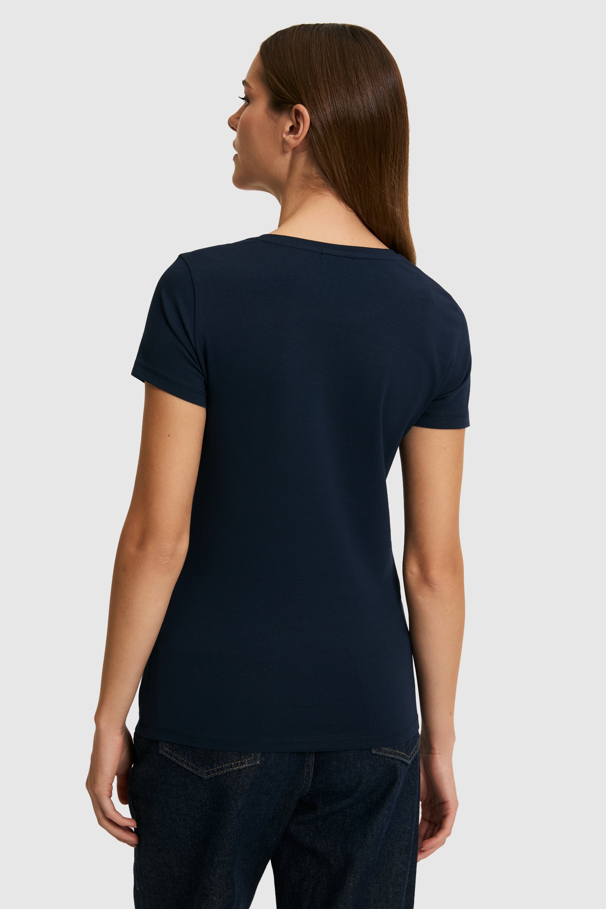 Tricou Damă Cu Decolteu La Baza Gatului Bleumarin Cu Logo
