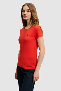 Tricou Damă Cu Decolteu La Baza Gatului Rosu Cu Logo