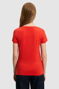 Tricou Damă Cu Decolteu La Baza Gatului Rosu Cu Logo