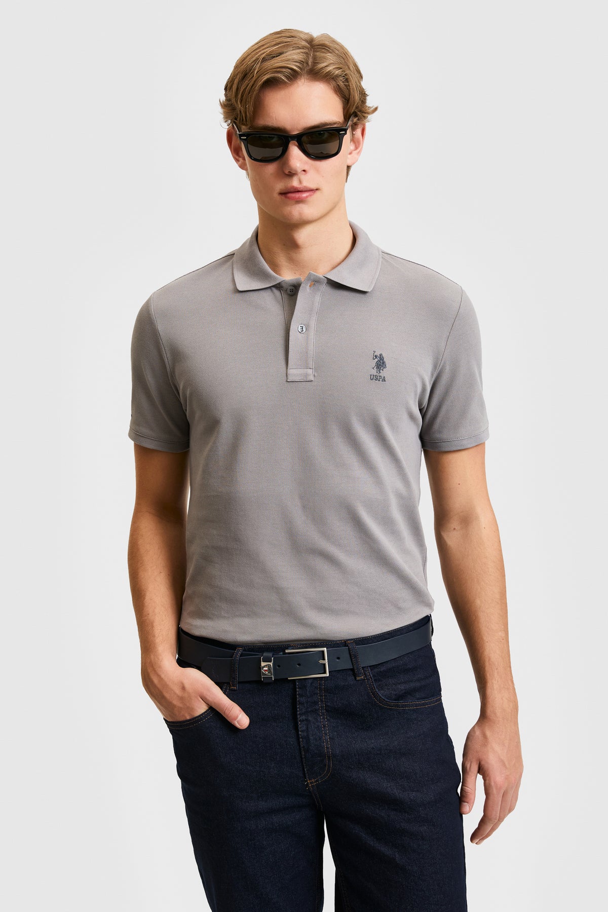 Tricou Polo Bărbați Gri Cu Logo Brodat